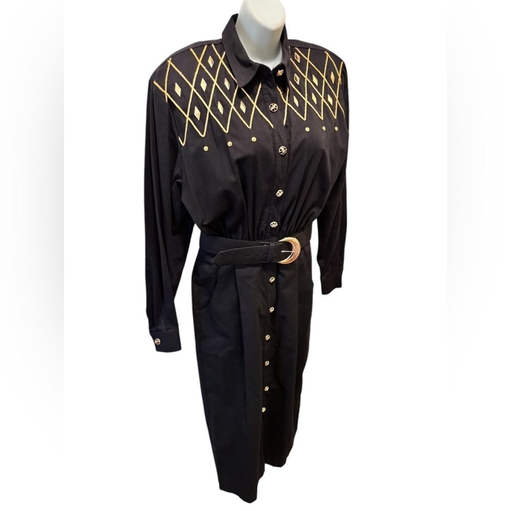 VTG 80’s MIDI Shirt Dress Black Sz 12 Western Cowgirl Gold Embellished Belted